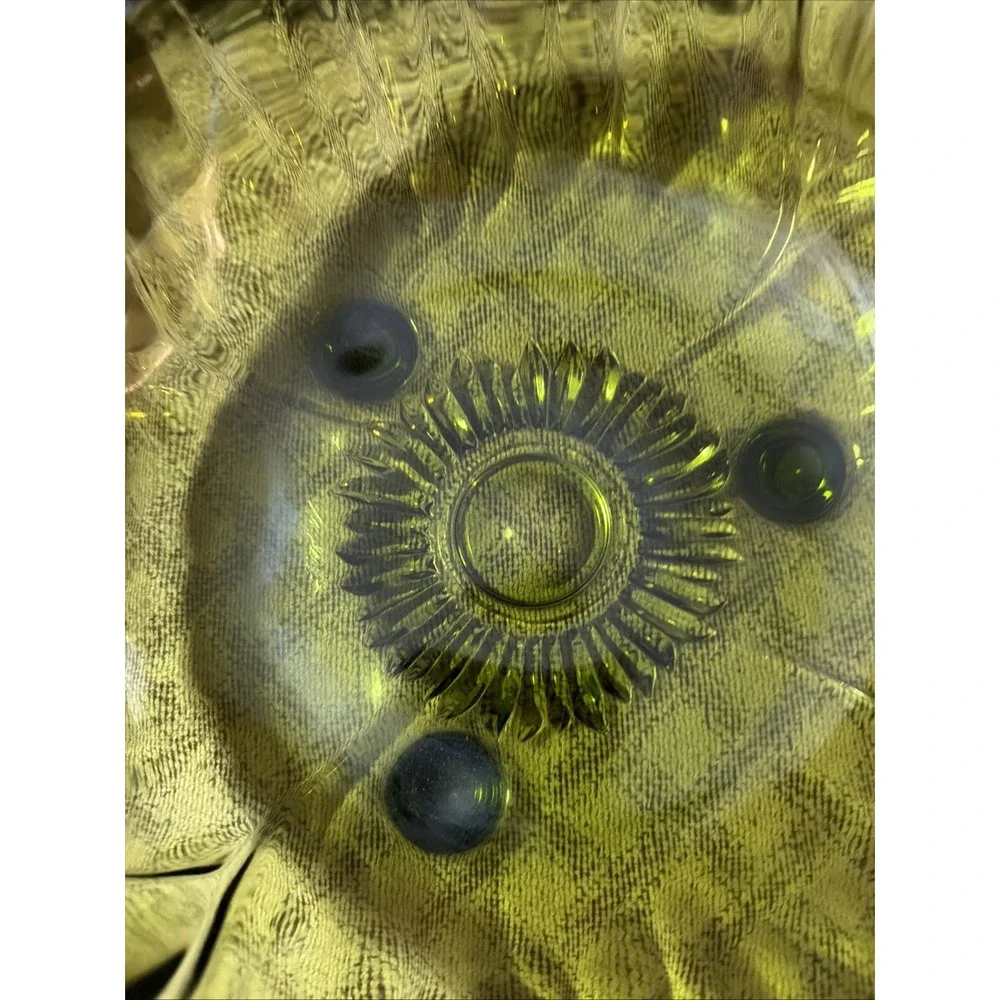 Avocado Green Indiana Glass Scalloped Sunflower Footed Serving Bowl 11